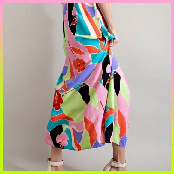 📌 EASEL Tropical Pucci-Like Floral Print Flowy Maxi Cami Dress Adjustable Straps - Picture 5 of 16